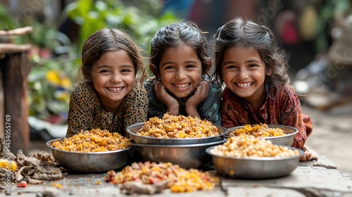 Happy girls with food, outdoor setting, India