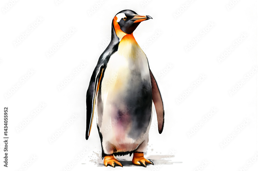 A penguin stands tall and proud on a transparent background, a charming exotic bird illustration perfect for children's book art or nature educational material.
