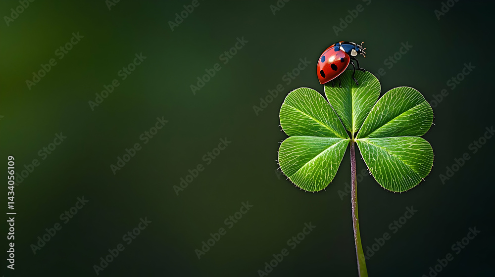 Fototapeta premium Red Ladybug On Four Leaf Clover
