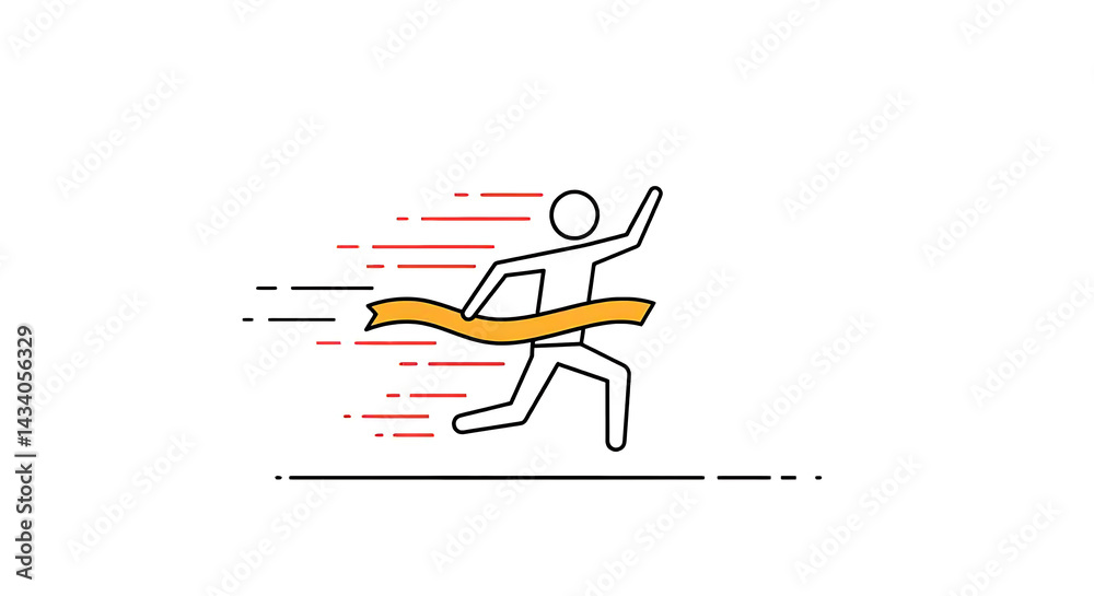 Minimalist vector art of a figure crossing a finish line with dynamic swooshes and motion lines, symbolizing triumph Minimalist vector art of a figure crossing a finish line with dynamic swooshes and motion lines, symbolizing triumph