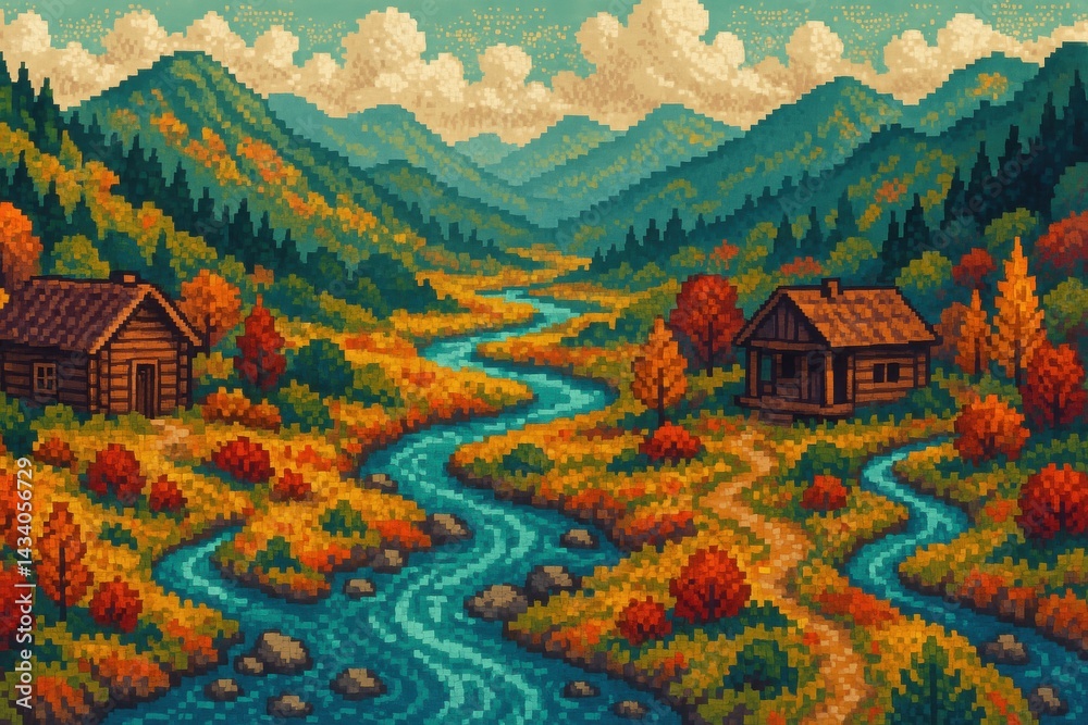 Pixelated Valley Landscape: Retro Autumn Scenery for Posters and Digital Art Designs