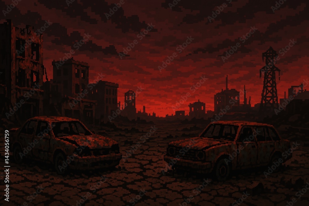 Pixelated Wasteland: Post-Apocalyptic Urban Decay at Sunset for Digital Art Projects
