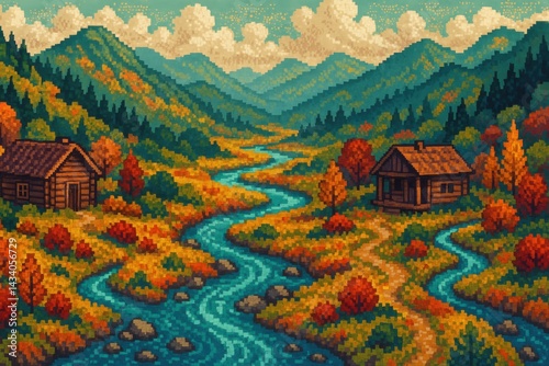 Obraz na płótnie Pixelated Valley Landscape: Retro Autumn Scenery for Posters and Digital Art Designs w salonie
