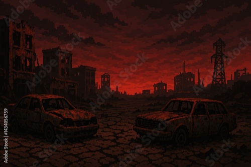 Obraz na płótnie Pixelated Wasteland: Post-Apocalyptic Urban Decay at Sunset for Digital Art Projects w salonie