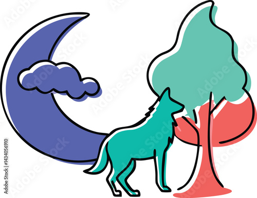 "Wolf silhouettes howling under moonlit skies with forest, mountain, and aurora backdrops, vector illustration"