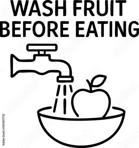 food safety hygiene training concept. Wash fruit before eating sign with faucet and apple illustration.