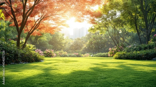Lush parkland bathed in morning sun