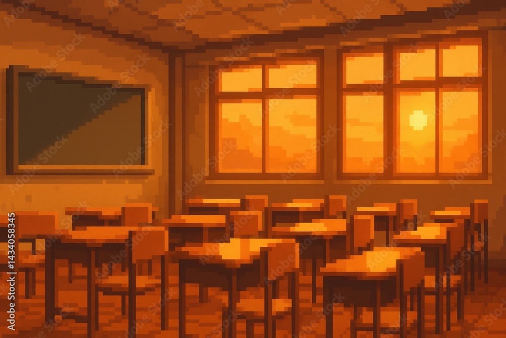 Retro Classroom at Sunset: Pixel Art Illustration for Creative Design Projects