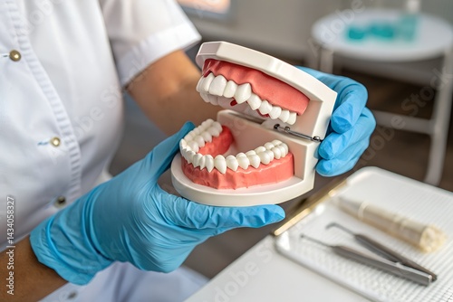 Dental professional holding a model of human teeth and gums, demonstrating oral anatomy, dental hygiene, and educational tools for patient care and dentistry training.generative ai photo