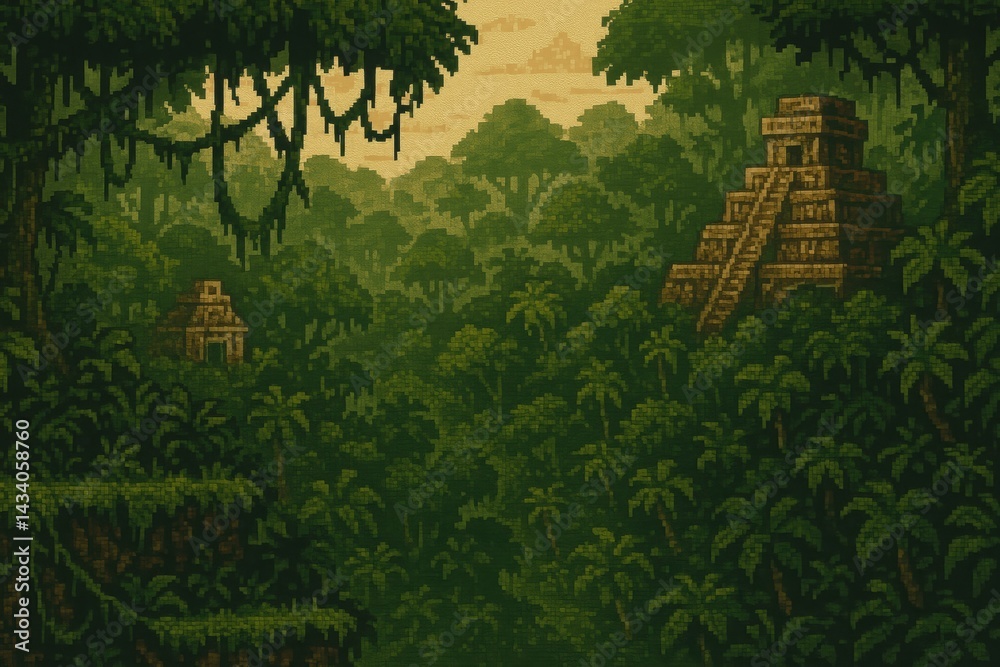 Retro Jungle Adventure with Ancient Temples - Perfect for Poster or Digital Design