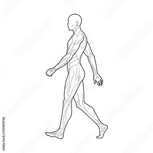 Hand drawn human body outline illustration and muscles anatomy