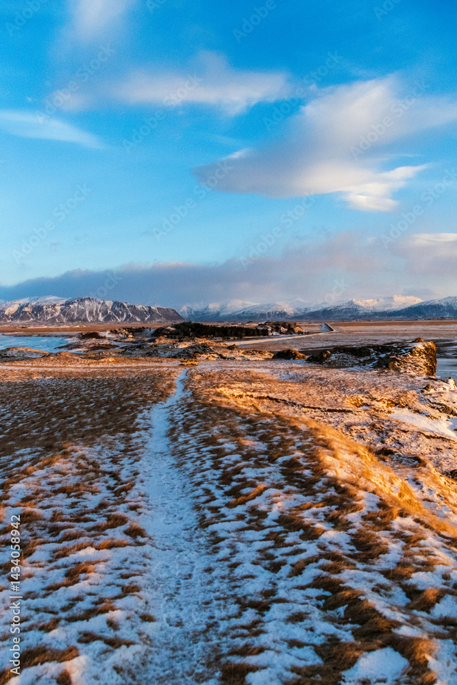 Outdoor shot highlighting the stunning Iclandic scenery on a frosty winter afternoon along Iceland's highway one.