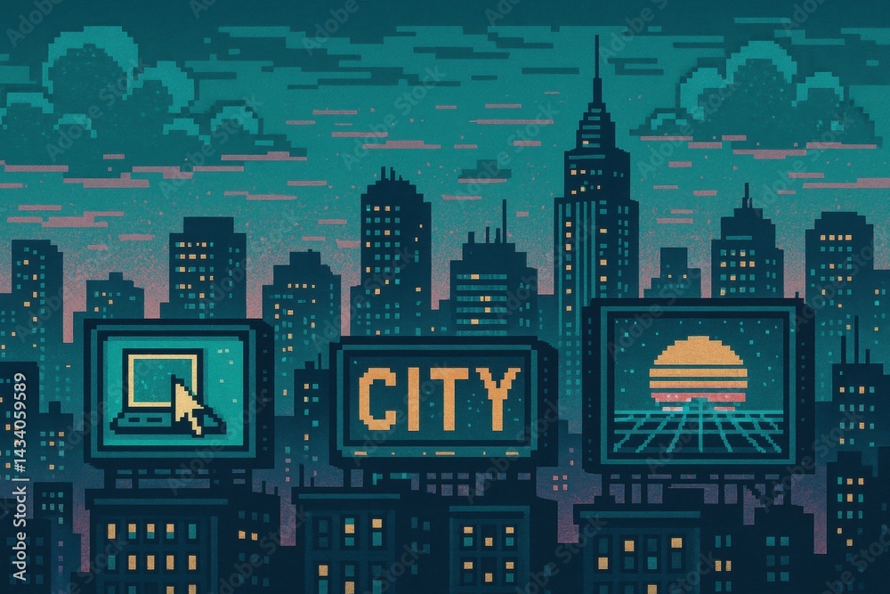 Retro Pixel Skyline with Vintage Billboards for Digital Art and Design Projects