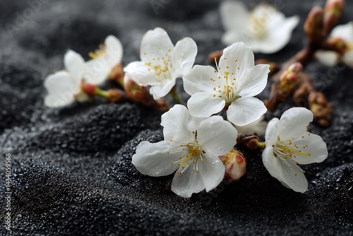 White cherry blossom on dark sand zen garden scene  
