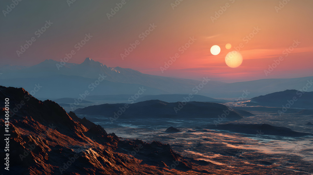 Fototapeta premium Landscape with majestic mountains and dual celestial suns creates otherworldly and serene atmosphere