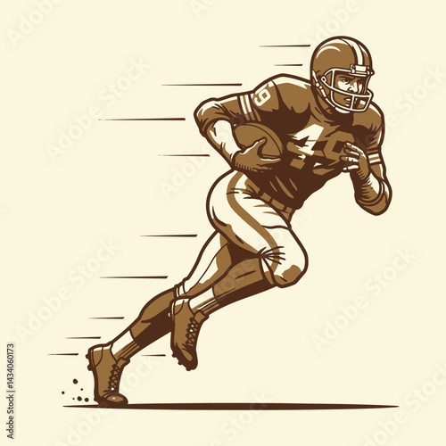 Illustration of a football player running with a football in a vintage style on a light background
