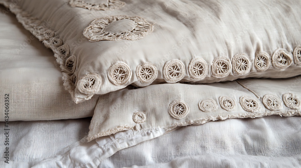 Obraz premium Beige embroidered pillows with closeup.