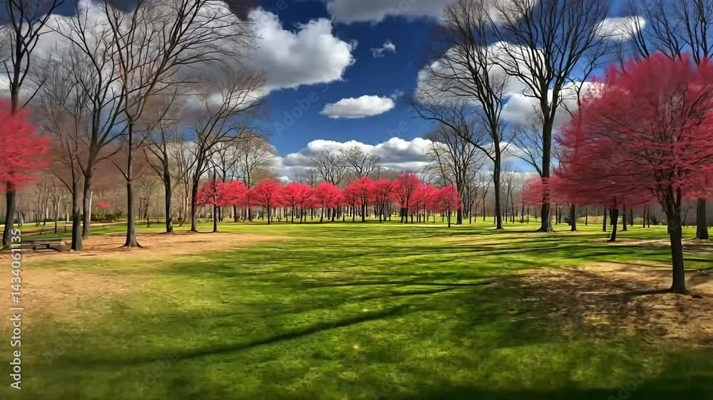 Redbud trees park spring landscape sunny day