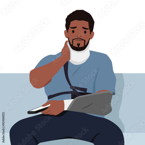 Injured Man Sitting with Neck Brace and Arm Sling. Flat vector illustration isolated on white background