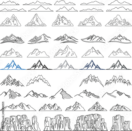 A bundle of mountain-hilly gray color line art-illustration on white background. Rocky outdoor mountain vector graphics describing adventured camping wild life.