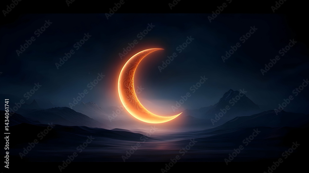 Fototapeta premium Glowing Crescent Moon Over Dark Mountain Landscape