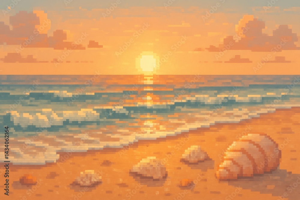 Serene Sunrise Over Tranquil Beach with Seashells - Perfect for Relaxation Themes and Nature Posters