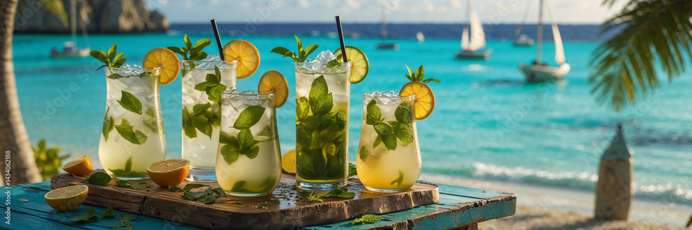 Mojito cocktails on a table against the backdrop of a stunning seascape in Cuba