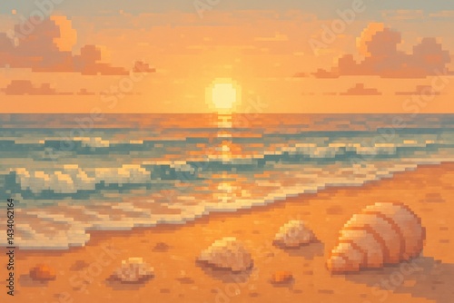 Obraz na płótnie Serene Sunrise Over Tranquil Beach with Seashells - Perfect for Relaxation Themes and Nature Posters w salonie
