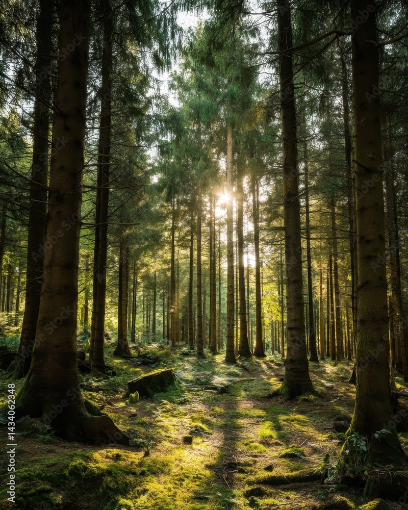 Naklejka premium Sunlight filtering through tall trees in a dense forest creating a serene and peaceful atmosphere with vibrant green moss and a natural woodland setting at dawn