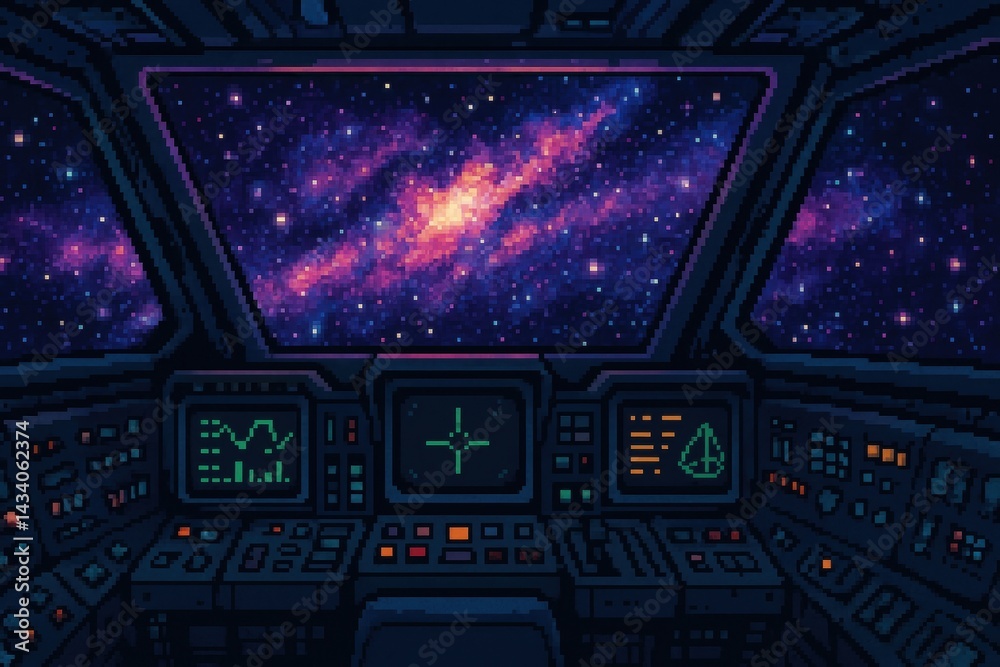 Spaceship Cockpit View with Nebula Galaxy for High-Tech Sci-Fi Designs and Posters