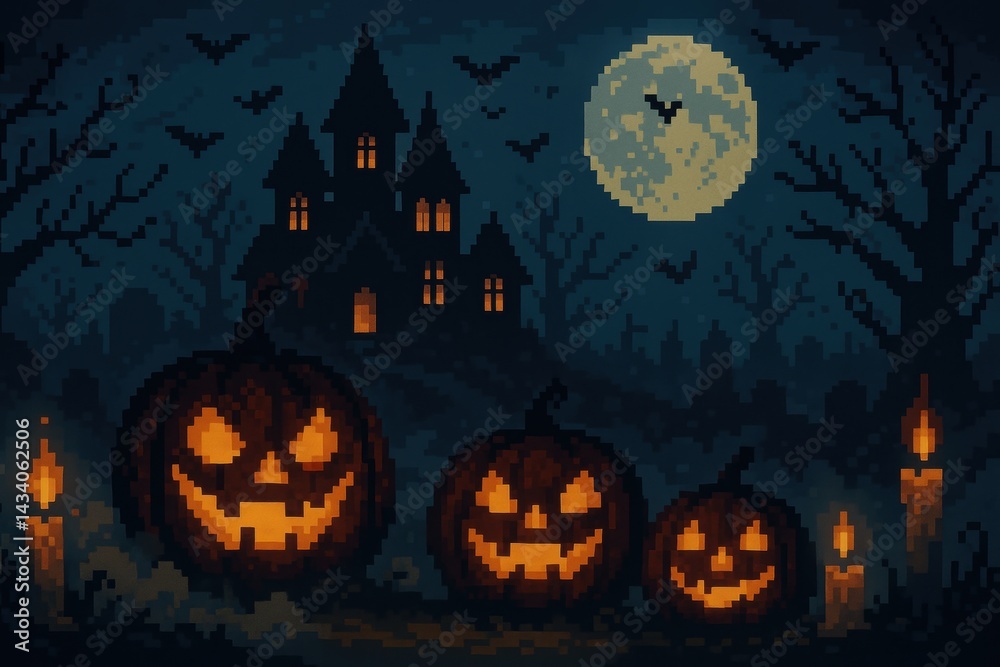 Spooky Halloween Night in Pixel Art with Glowing Pumpkins and Haunted Castle