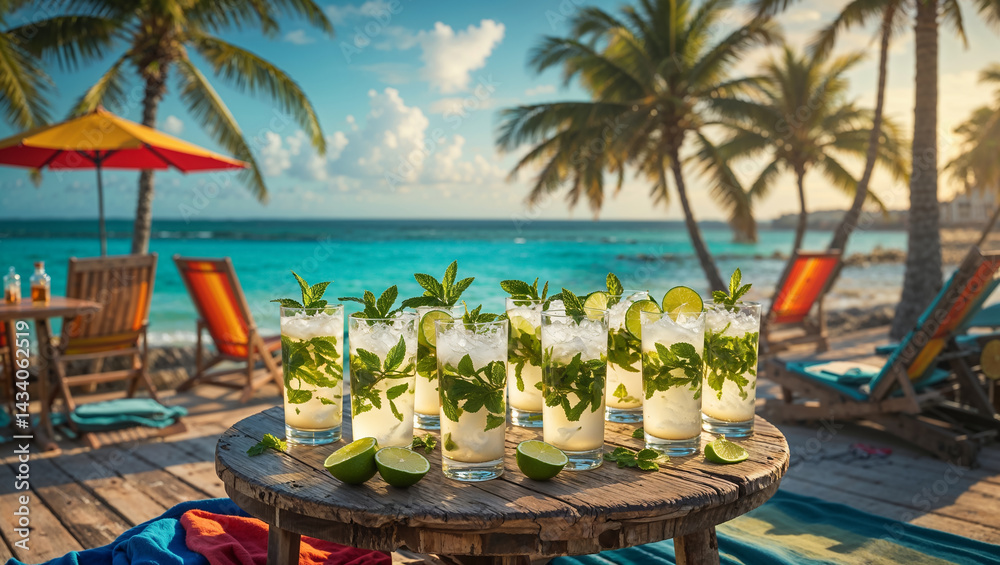 Mojito cocktails on a table against the backdrop of a stunning seascape in Cuba
