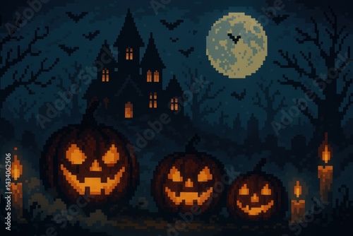 Obraz na płótnie Spooky Halloween Night in Pixel Art with Glowing Pumpkins and Haunted Castle w salonie