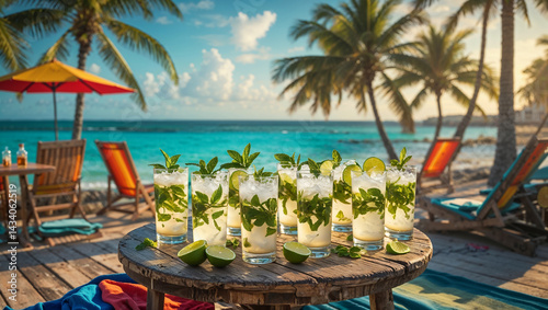 Obraz na płótnie Mojito cocktails on a table against the backdrop of a stunning seascape in Cuba w salonie