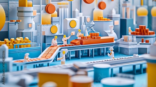 Modern factory assembly line with workers and machines in colorful paper cutout industrial production illustration
