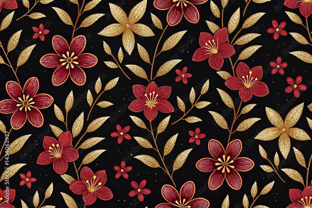 A sophisticated seamless pattern featuring large, detailed red flowers with gold glitter accents.