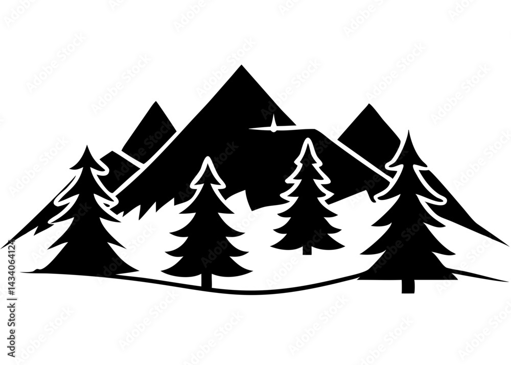 Obraz premium Creative Black Silhouette of Mountains and Fir Trees | Camping Adventure Wildlife Landscape Icon Vector Illustration
