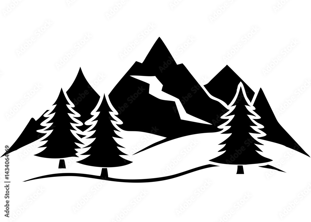 Obraz premium Creative Black Silhouette of Mountains and Fir Trees | Camping Adventure Wildlife Landscape Icon Vector Illustration