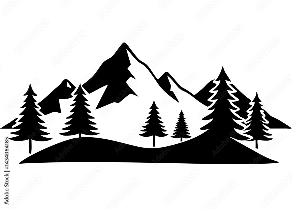 Obraz premium Creative Black Silhouette of Mountains and Fir Trees | Camping Adventure Wildlife Landscape Icon Vector Illustration