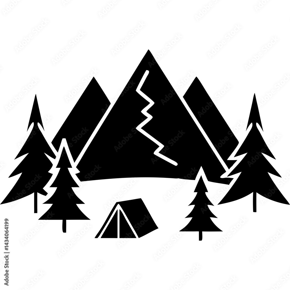 Creative Black Silhouette of Mountains and Fir Trees | Camping Adventure Wildlife Landscape Icon Vector Illustration Creative Black Silhouette of Mountains and Fir Trees | Camping Adventure Wildlife Landscape Icon Vector Illustration