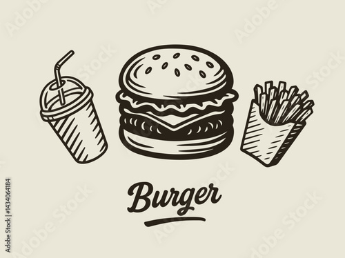Burger fries and drink icons in retro hand-drawn sketch style