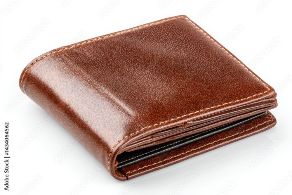 Brown Leather Wallet on White Background, Classic Bifold Style, Money and Credit Card Holder
