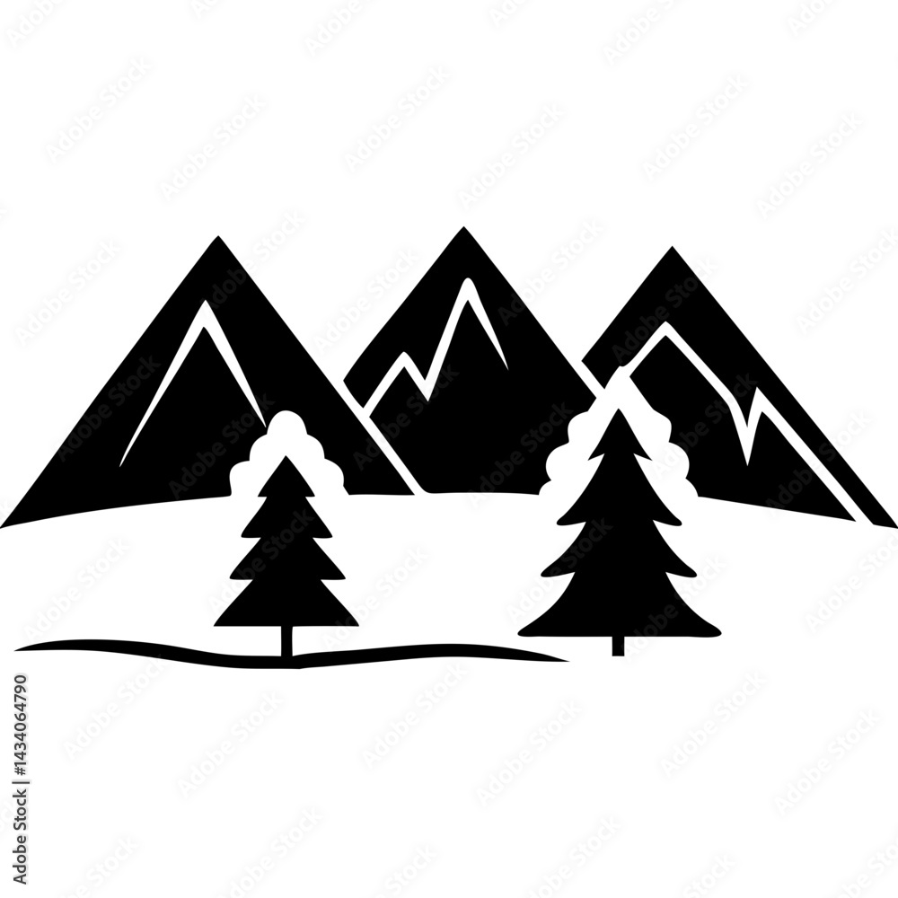 Fototapeta premium Creative Black Silhouette of Mountains and Fir Trees | Camping Adventure Wildlife Landscape Icon Vector Illustration