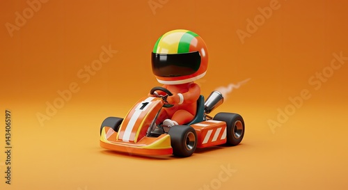 3D rendered illustration of a cartoon person driving a go kart on a vibrant orange background. The driver is wearing a helmet and racing suit