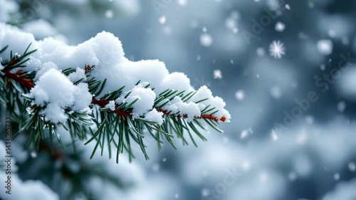 Winter snowfall gently blankets a pine branch, A close-up view of a pine branch covered in fresh snow, with snowflakes gently falling around it.