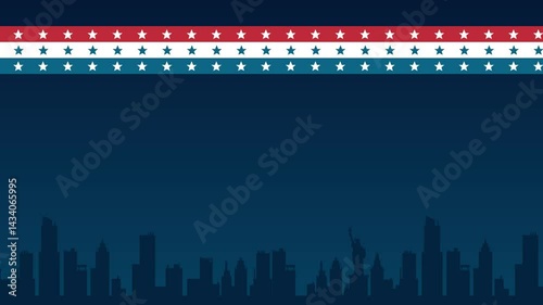 animated of american flag and new york city silhouette on blue and greenscreen background, useful for Memorial Day, Independence Day, 4th of July or United Stat1ed celebration. 4K footage