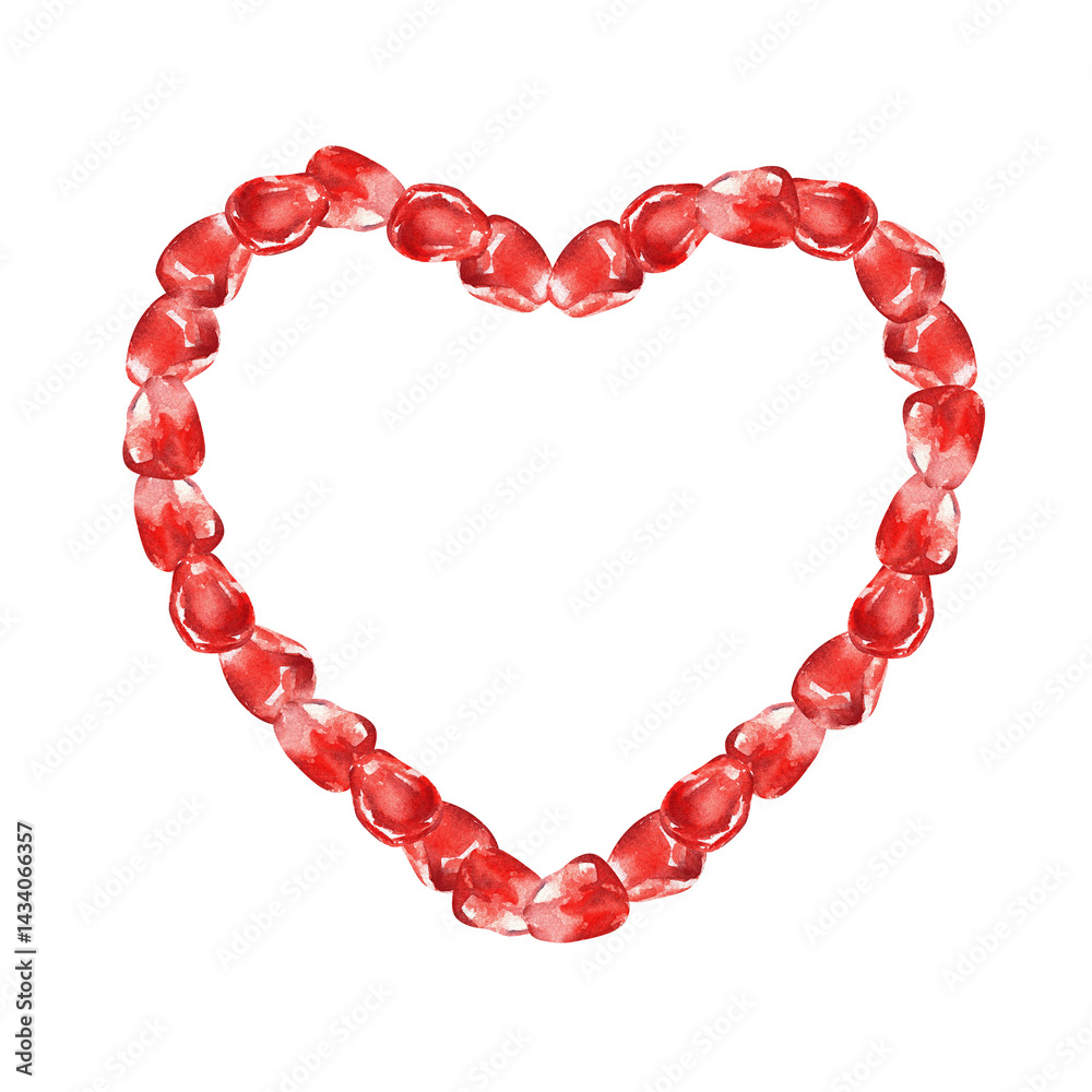 Obraz premium Frame of pomegranate seeds, heart shape clipart. Hand drawn watercolor illustration. Happy Valentines day template, design for cards, prints, posters.