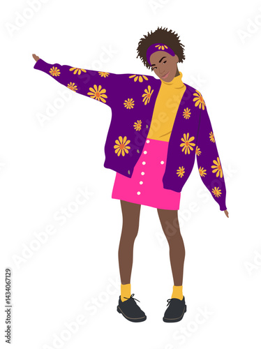 Stylish young woman dressed in trendy clothes. Casual street fashion autumn vintage style funky outfit. Cute african american girl cartoon character. Flat colorful vector realistic illustration.