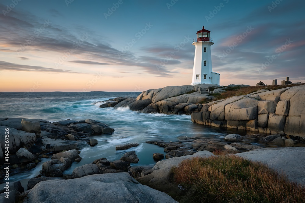 Fototapeta premium Dawn light on white lighthouse by rocky coastline 