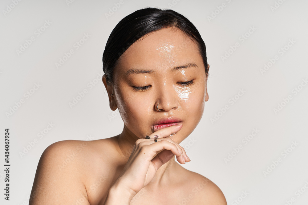Radiating beauty and confidence, a young asian woman exploring self care in a serene setting Radiating beauty and confidence, a young asian woman exploring self care in a serene setting